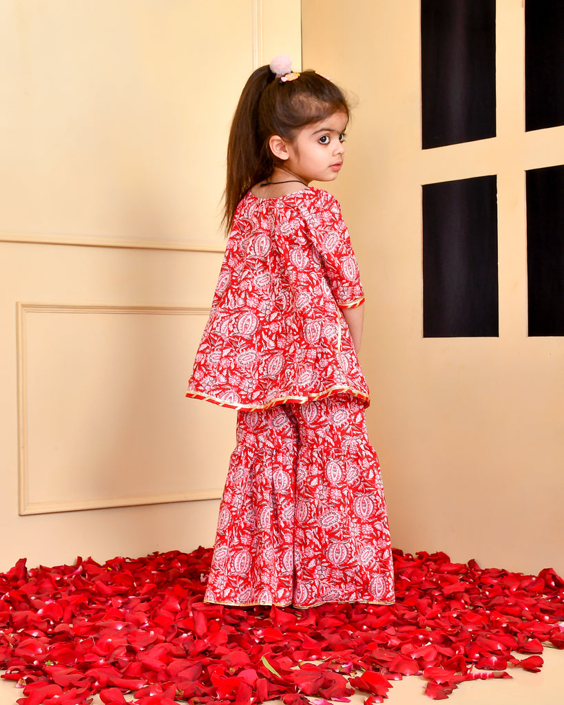 Girl's Red Block Print A Line Kurta Gharara Set
