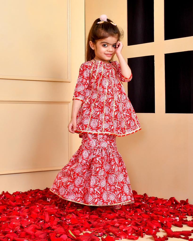 Girl's Red Block Print A Line Kurta Gharara Set