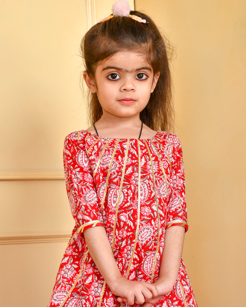 Girl's Red Block Print A Line Kurta Gharara Set