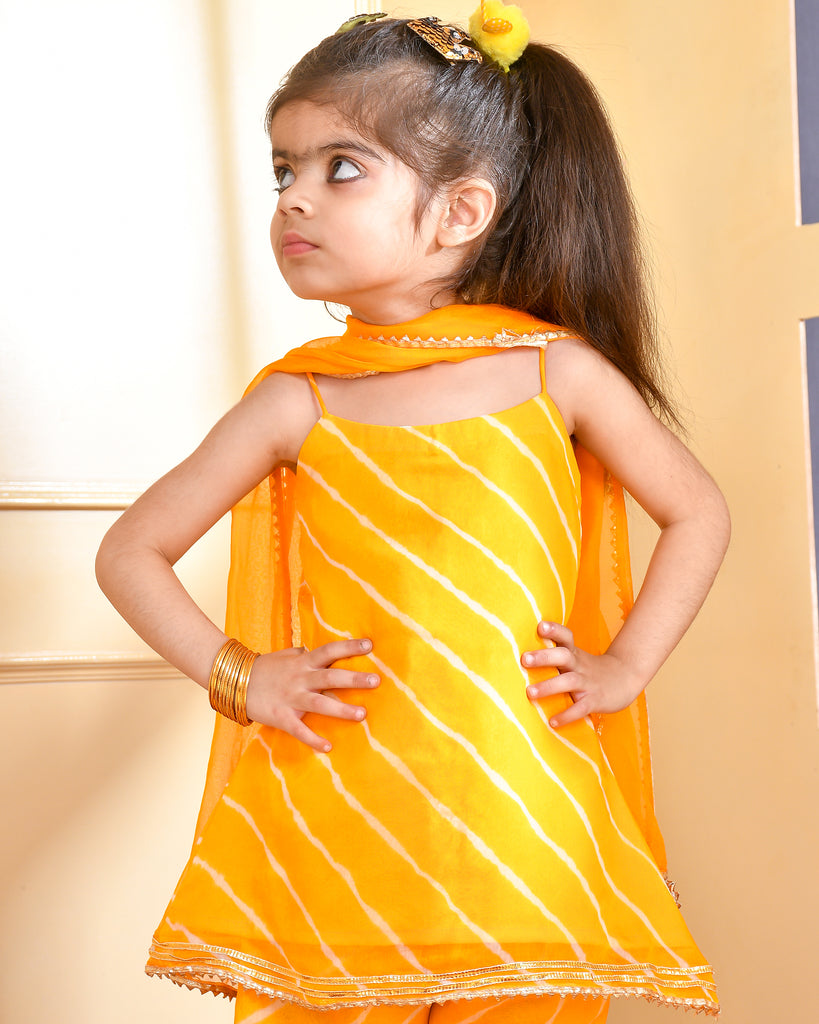 Girl's Yellow Leheriya Kurta Sharara Set