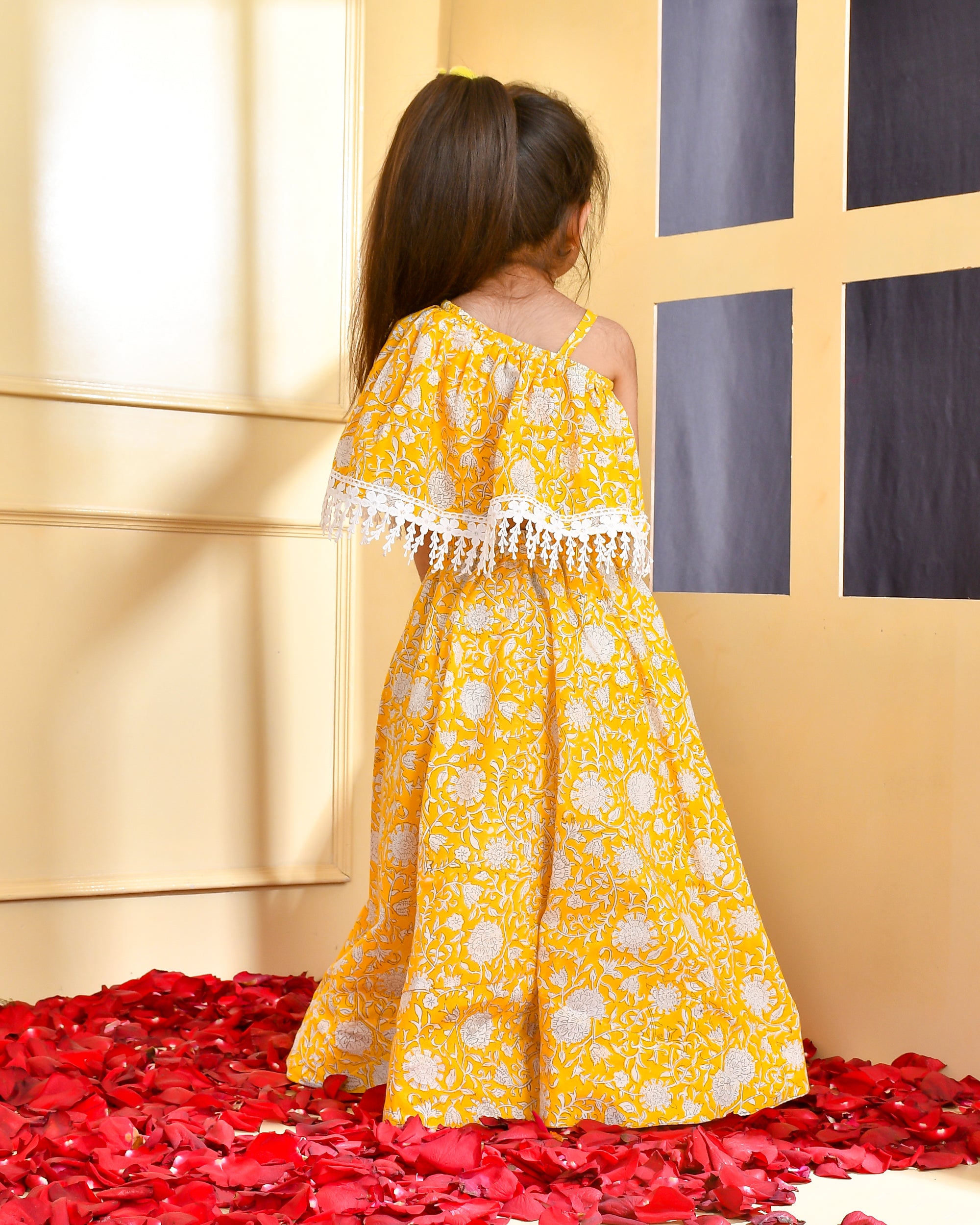 Girl's Yellow Block Print Skirt Crop Top Set - Rangpur