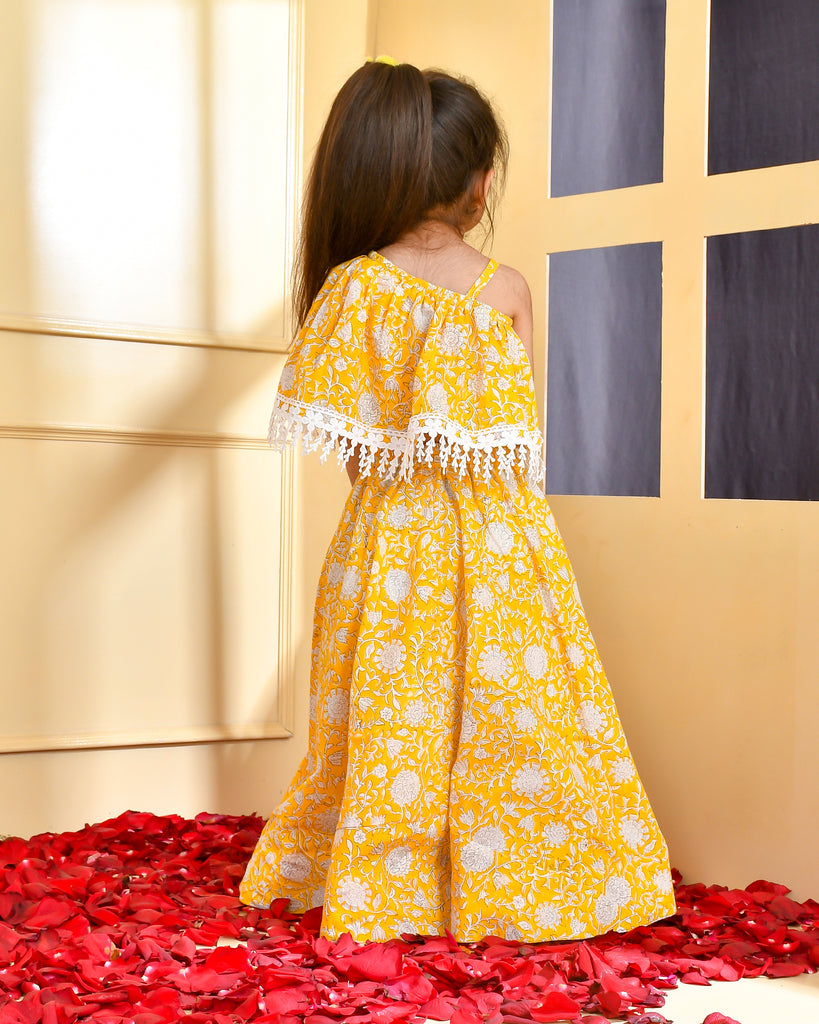 Girl's Yellow Block Print Skirt Crop Top Set