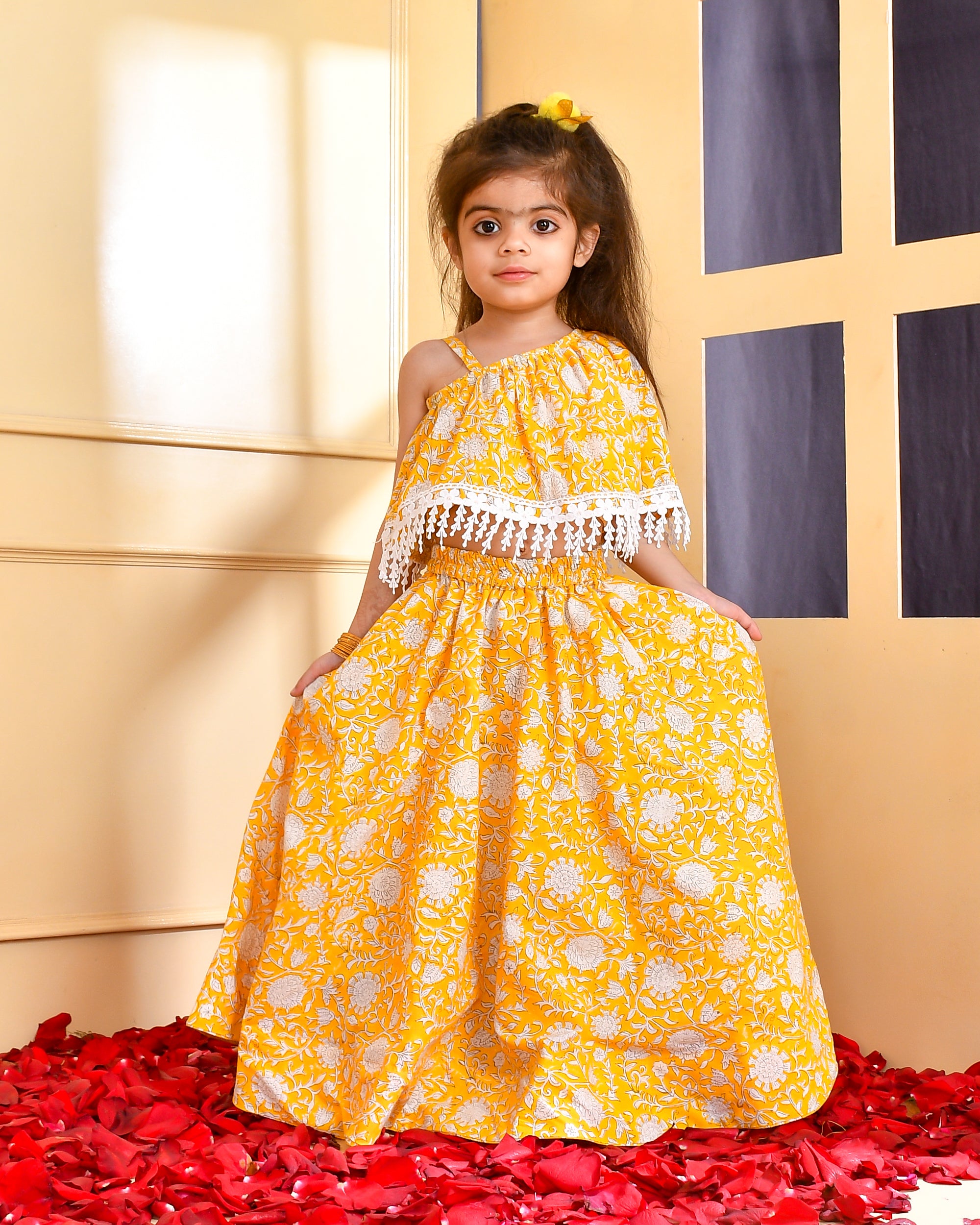 Girl's Yellow Block Print Skirt Crop Top Set - Rangpur