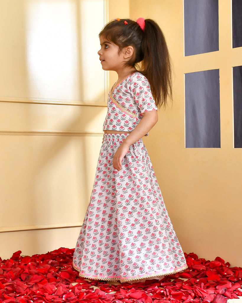 Girl's White Lehenga Angrakha Top Set