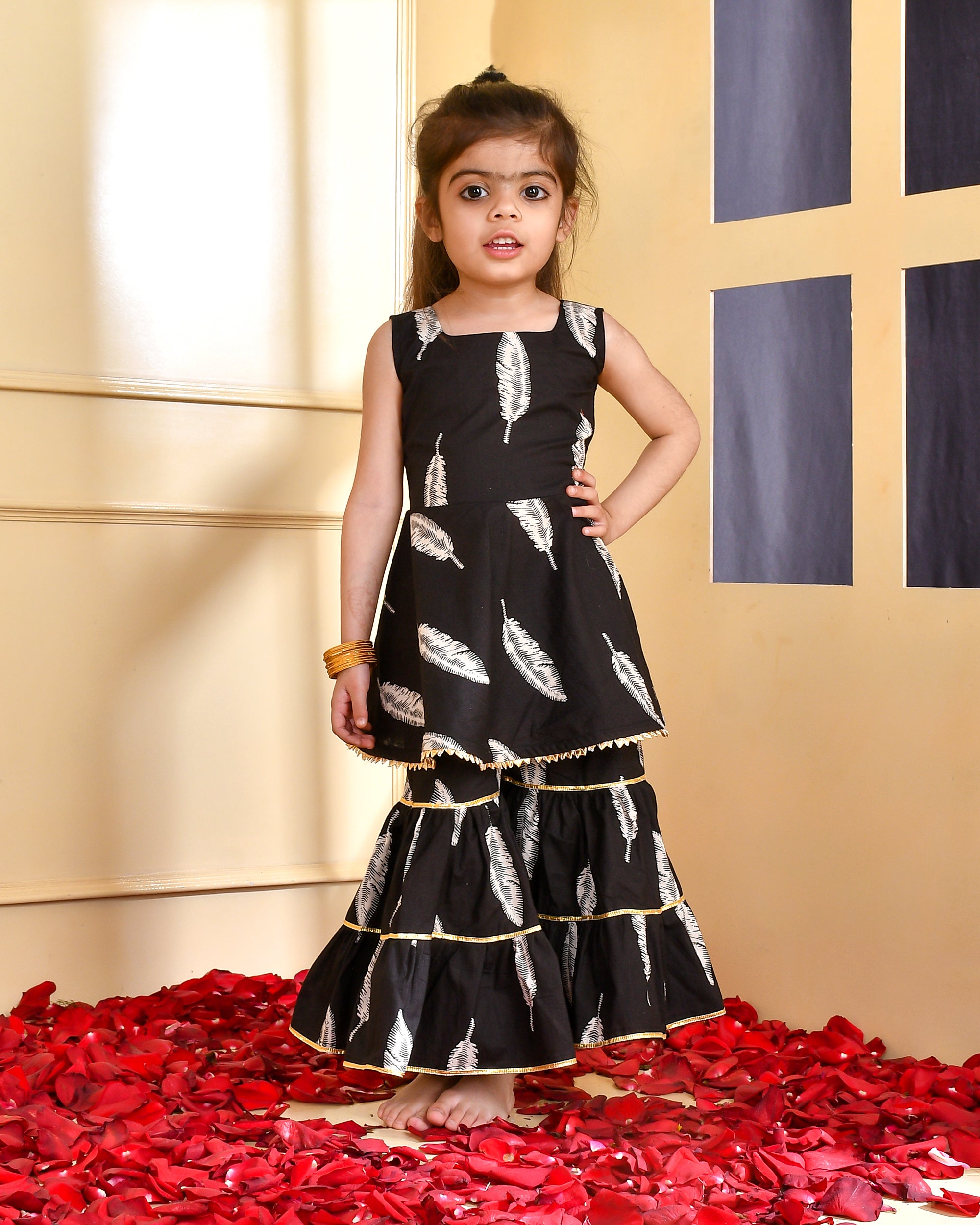 Girl's Black Leaf Peplum Kurta Gharara Set
