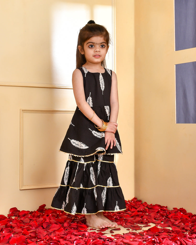 Girl's Black Leaf Peplum Kurta Gharara Set