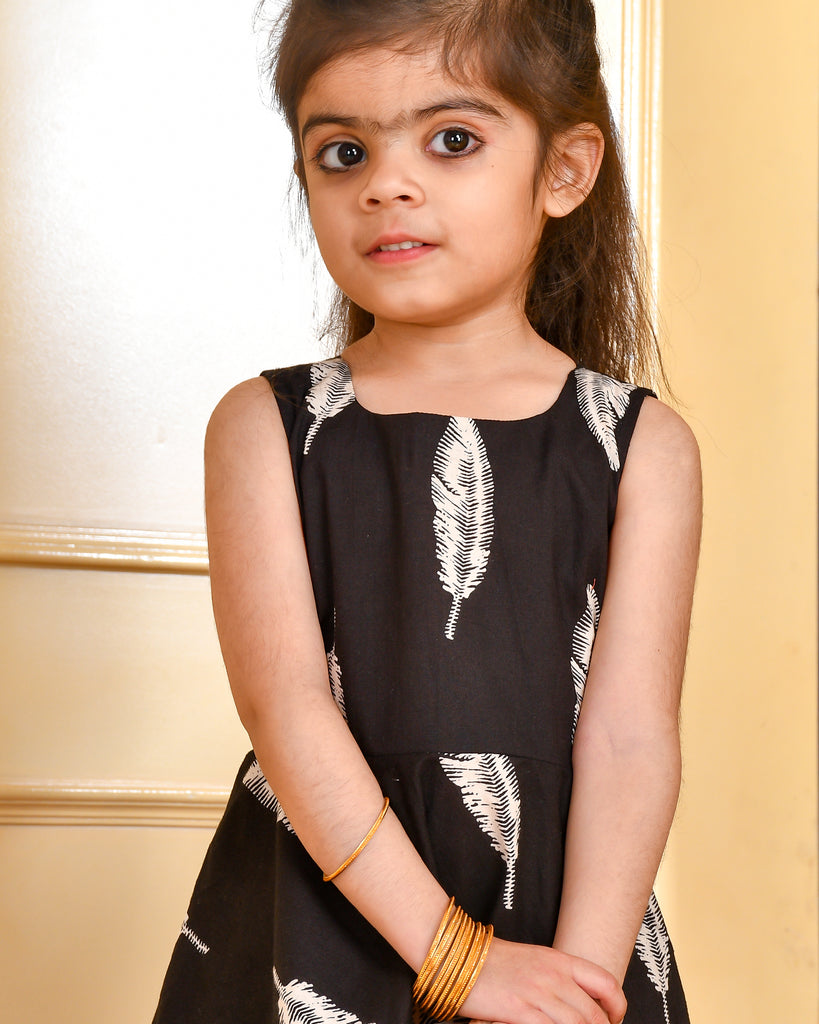 Girl's Black Leaf Peplum Kurta Gharara Set