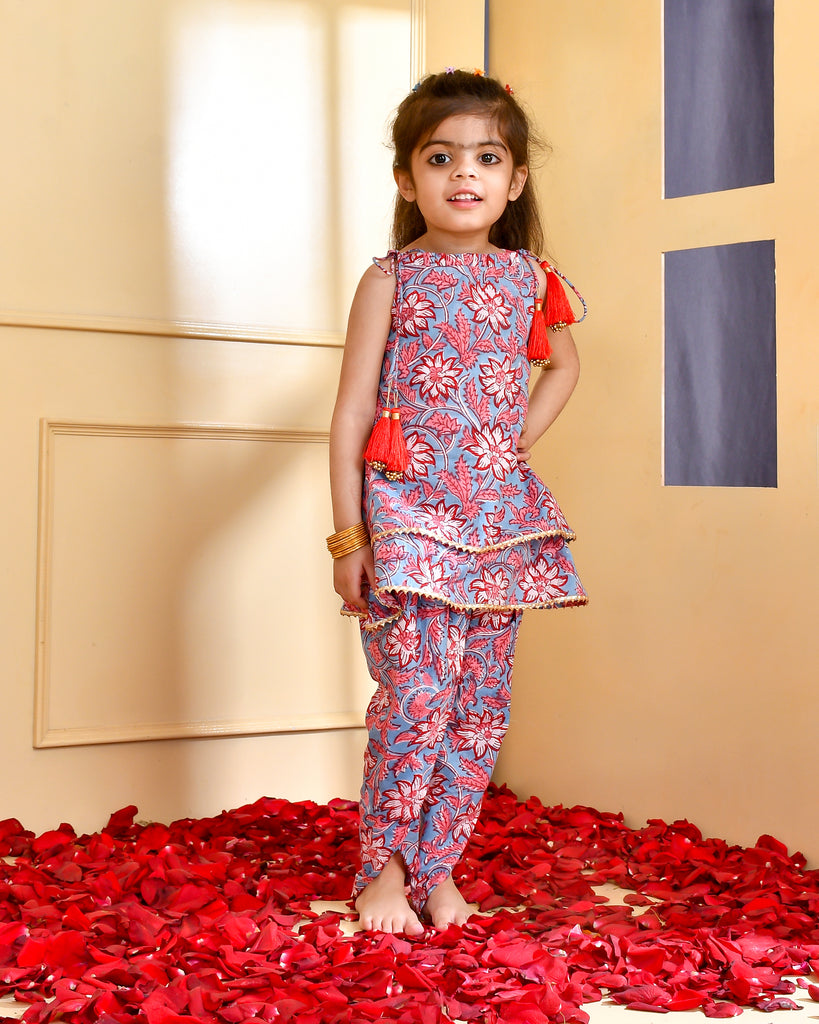 Girl's Floral Block Print Kurti and Dhoti Set