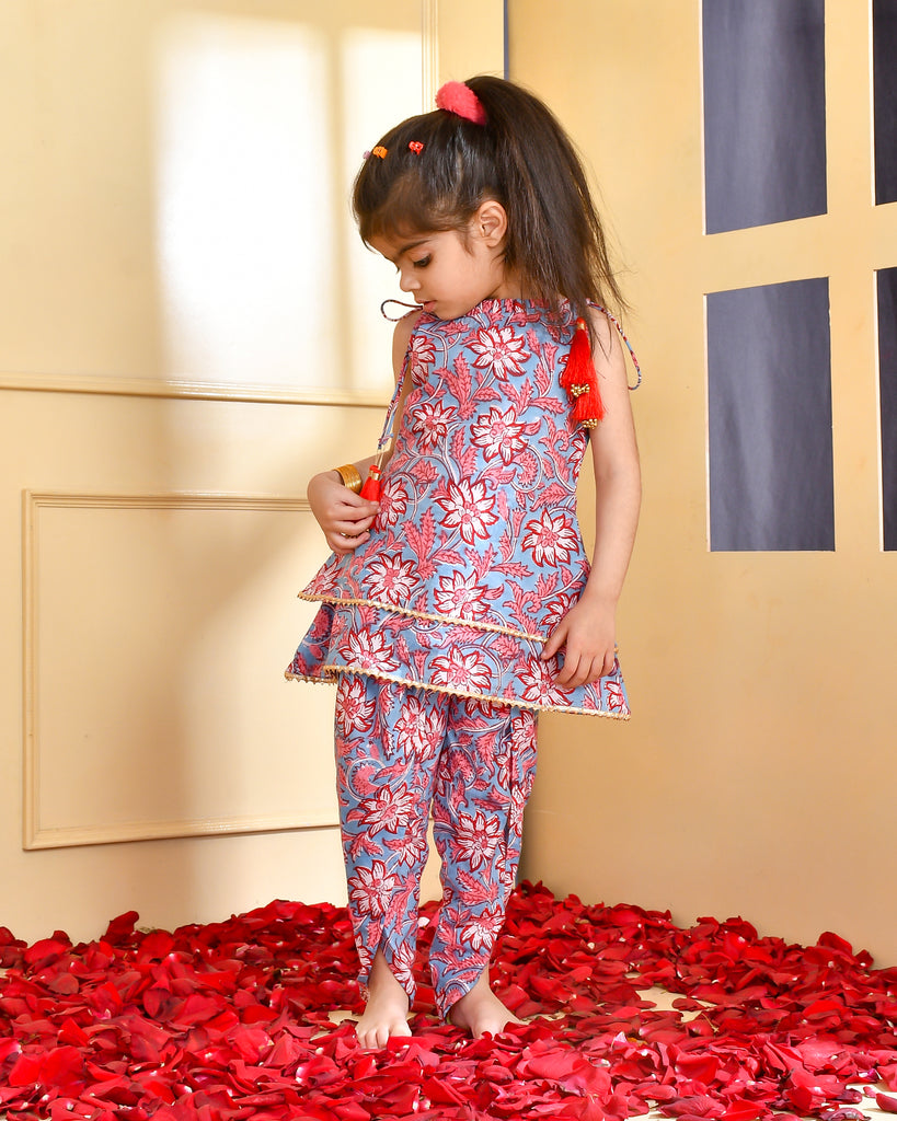 Girl's Floral Block Print Kurti and Dhoti Set
