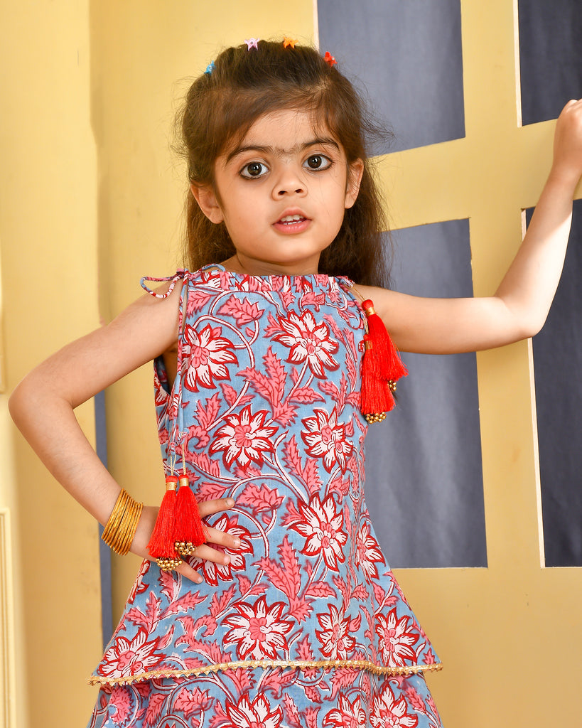 Girl's Floral Block Print Kurti and Dhoti Set