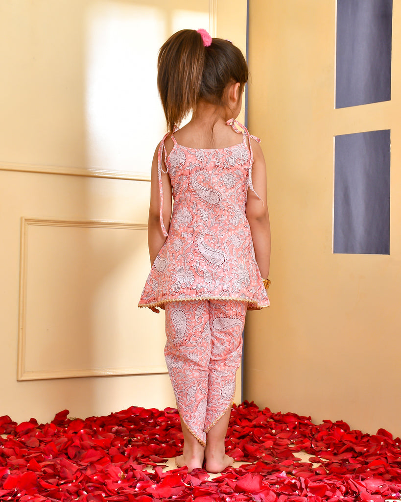 Girl's Peach Block Print Kurta Dhoti Set