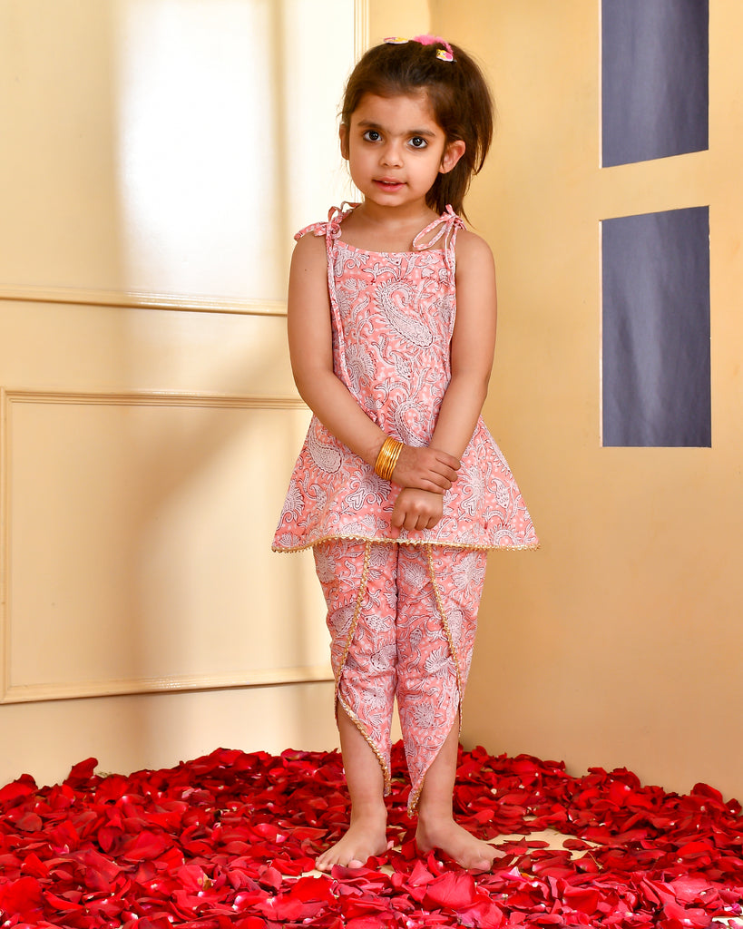 Girl's Peach Block Print Kurta Dhoti Set