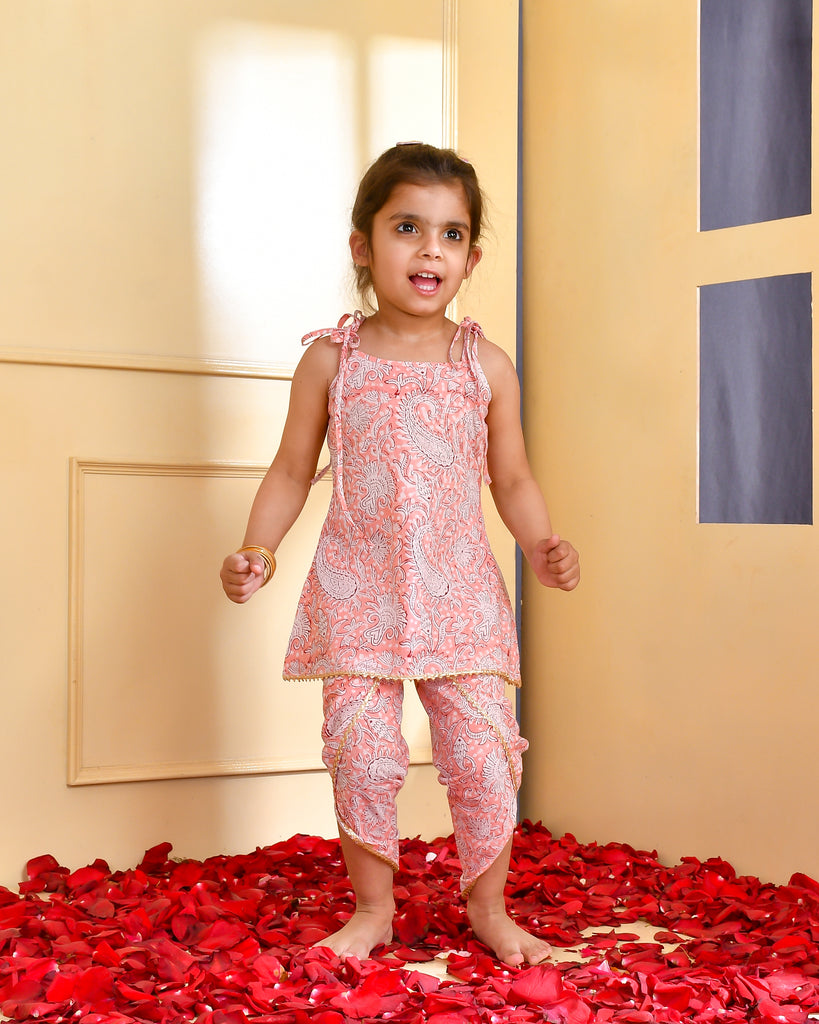 Girl's Peach Block Print Kurta Dhoti Set