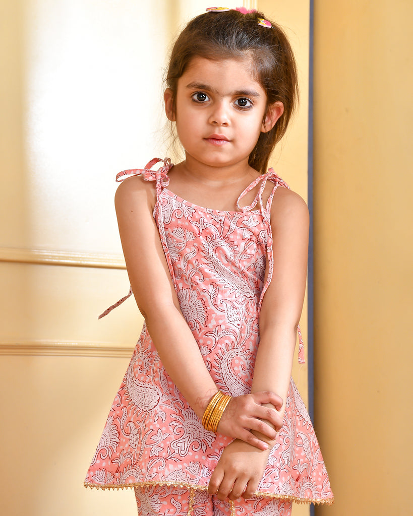 Girl's Peach Block Print Kurta Dhoti Set