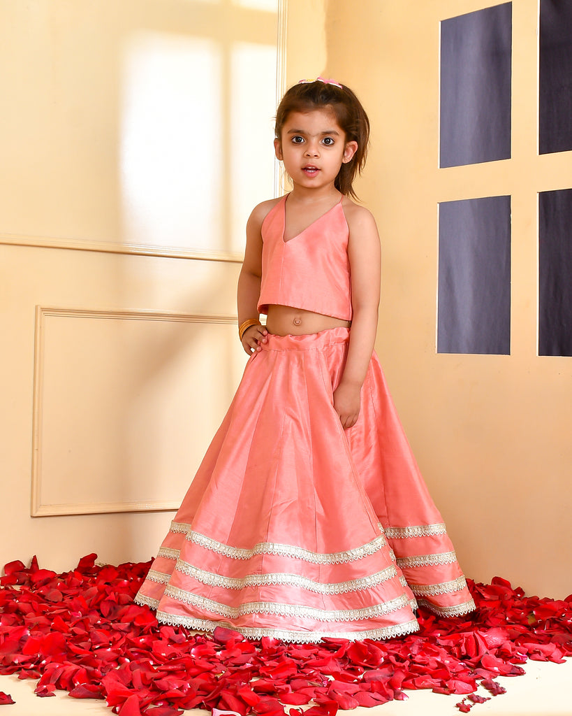 Girl's Peach Silk Lehenga Set