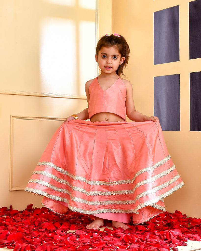 Girl's Peach Silk Lehenga Set