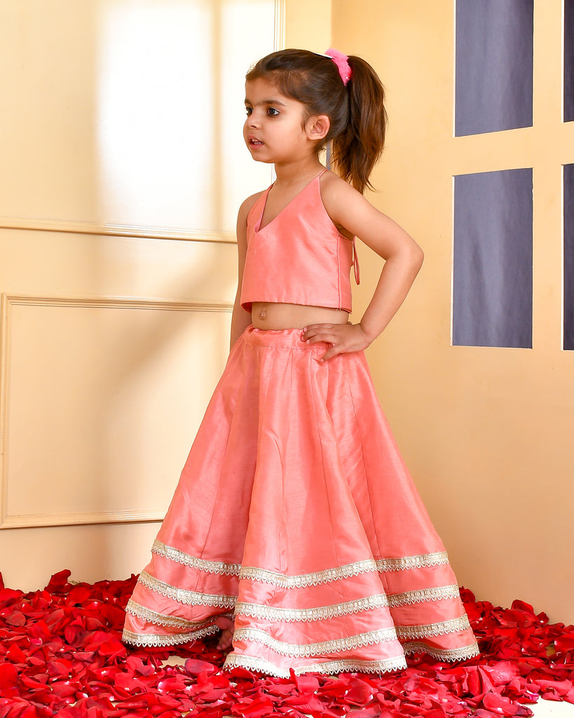 Girl's Peach Silk Lehenga Set