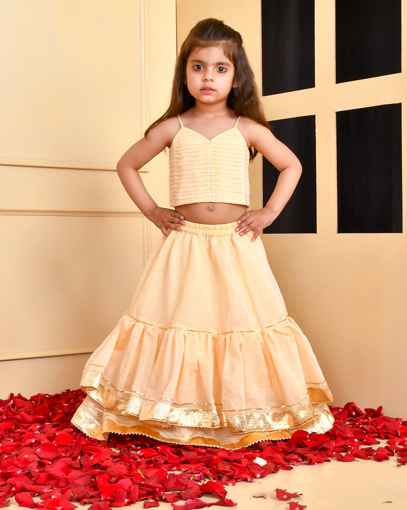 Girl's Beige top and Double Layered Lehenga Set