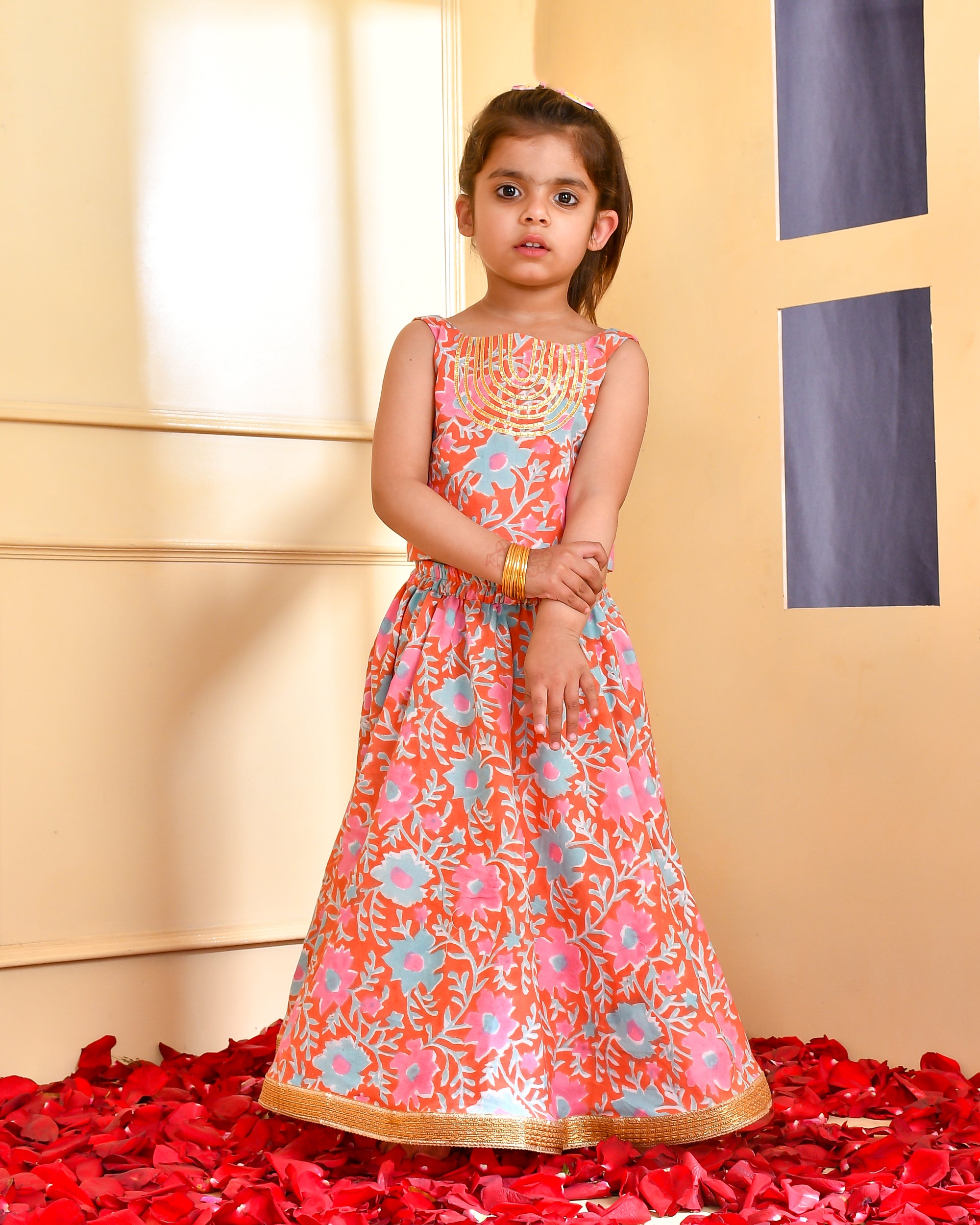 Girl's Orange & Pink Floral Lehenga Set - Rangpur