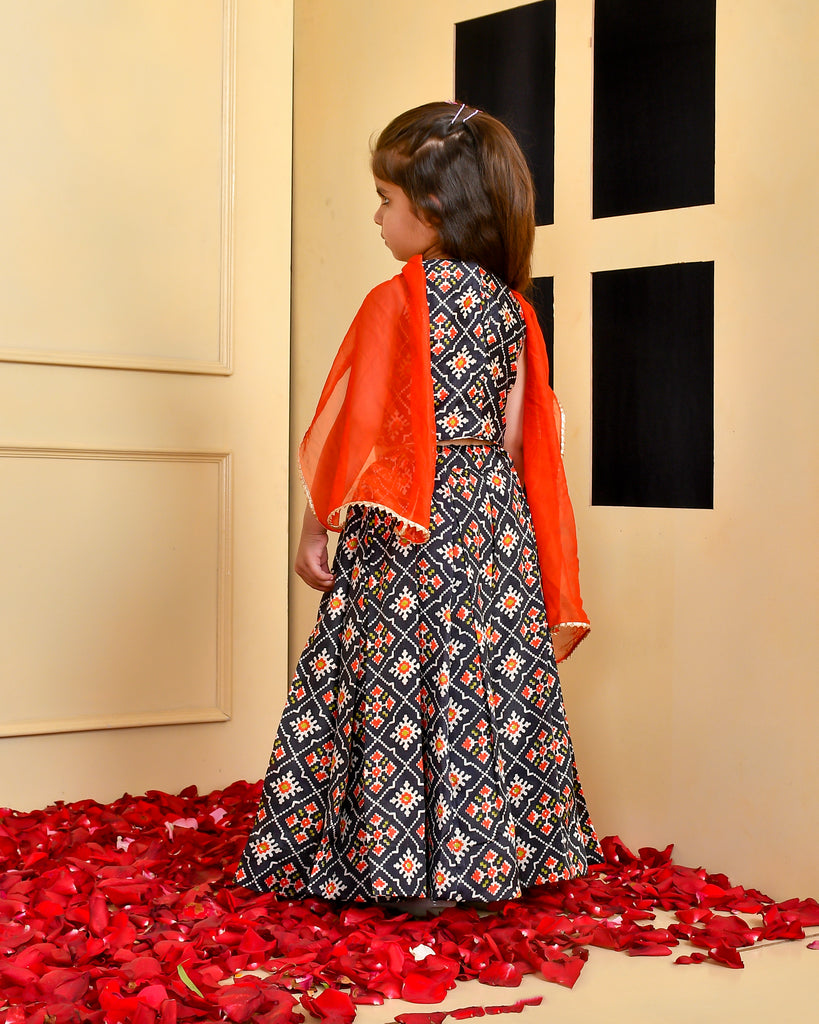 Girl's Black Lehenga Set with Red Dupatta