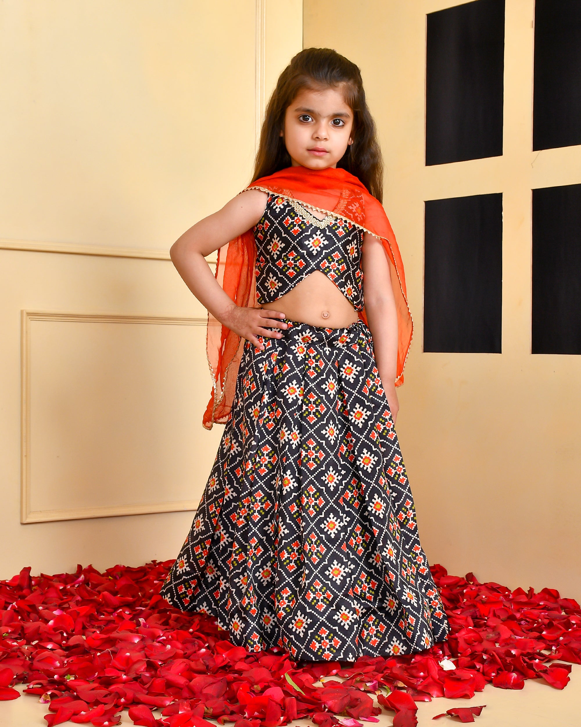 Girl's Black Lehenga Set with Red Dupatta - Rangpur