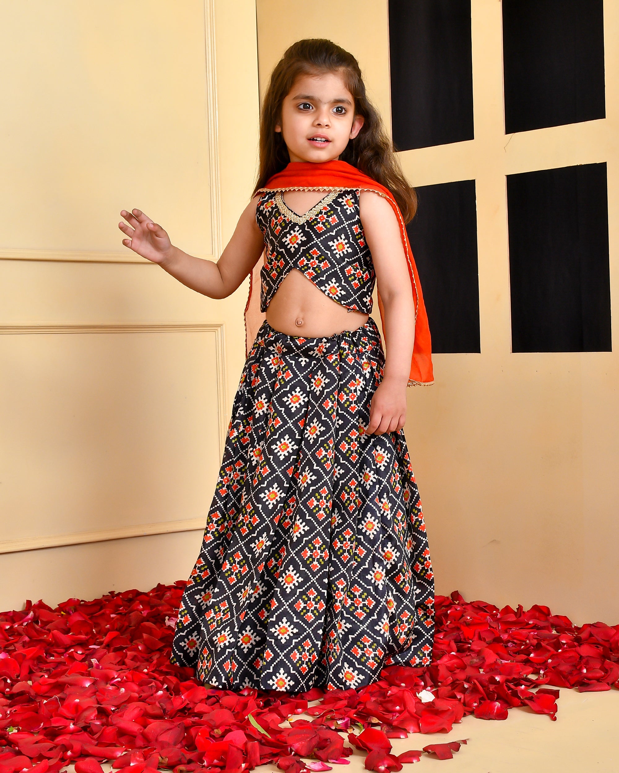 Girl's Black Lehenga Set with Red Dupatta - Rangpur