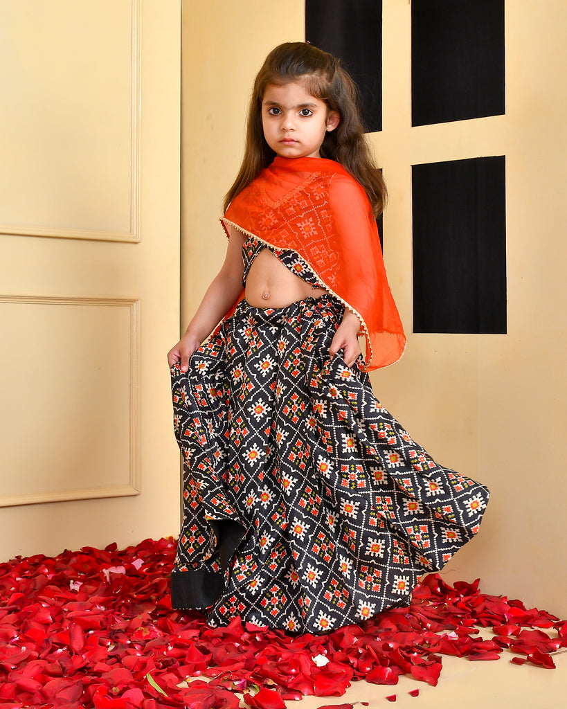 Girl's Black Lehenga Set with Red Dupatta