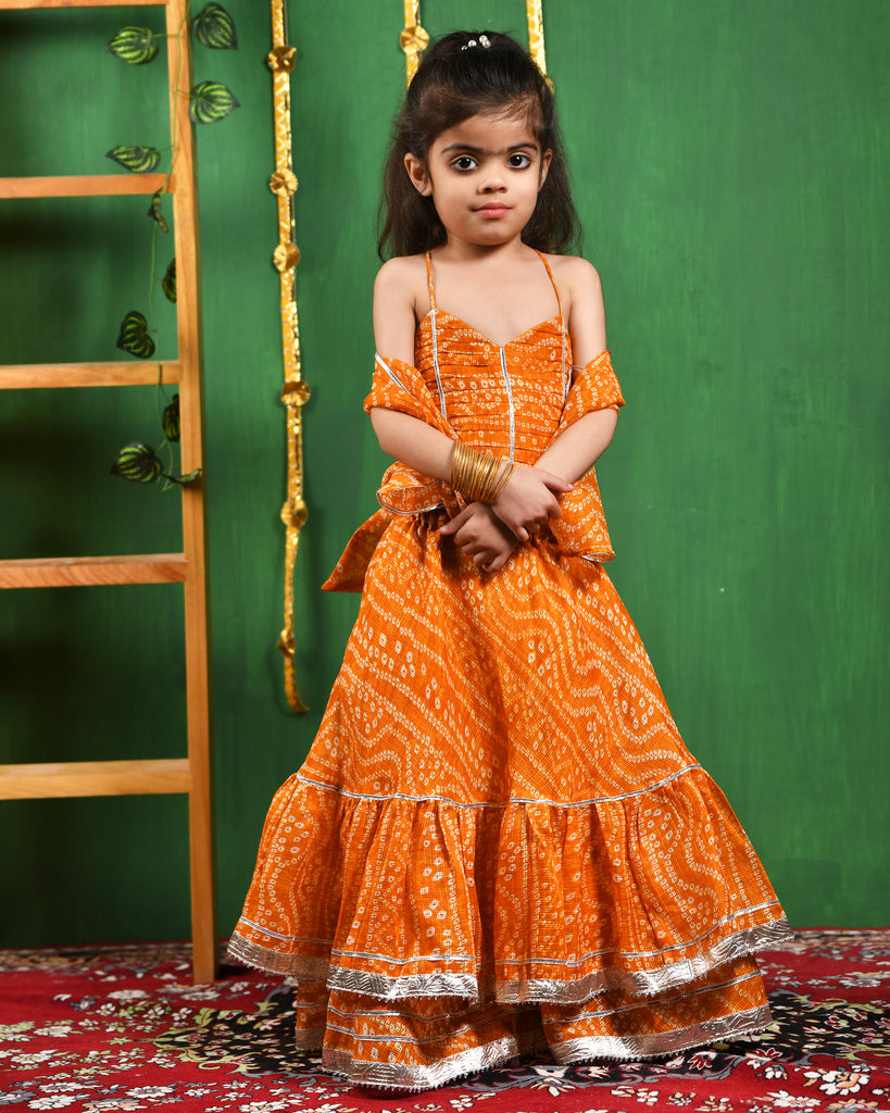 Girl's Mustared Bandhani Lehenga Set