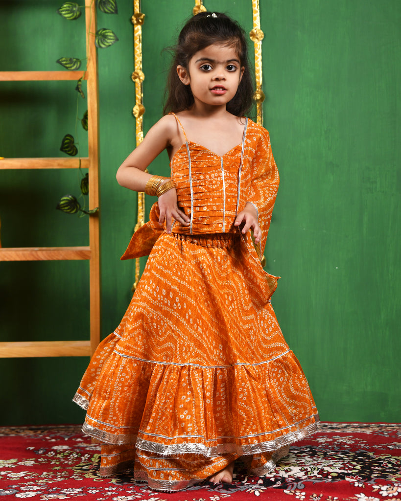 Girl's Mustared Bandhani Lehenga Set