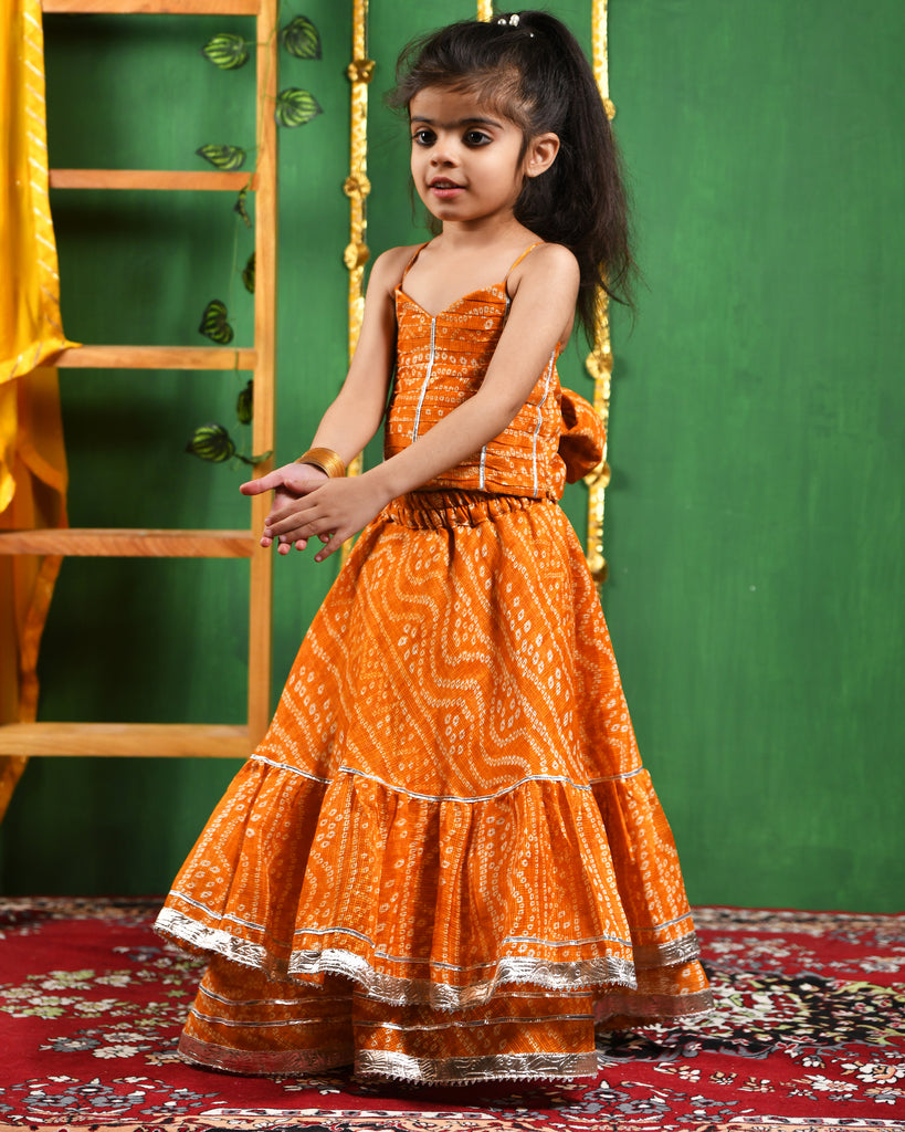 Girl's Mustared Bandhani Lehenga Set