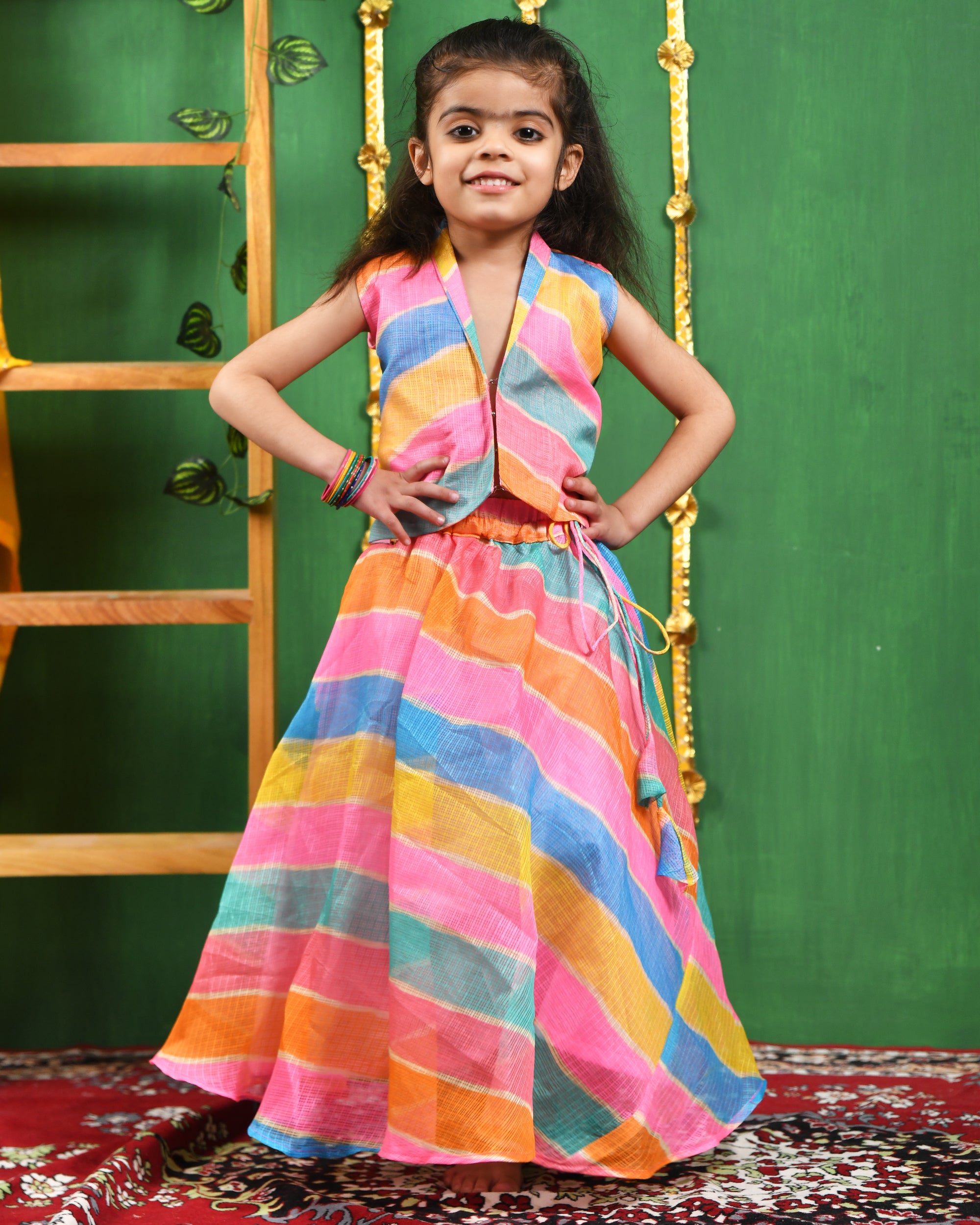 Girl's Multi Leheriya Skirt Top Set - Rangpur