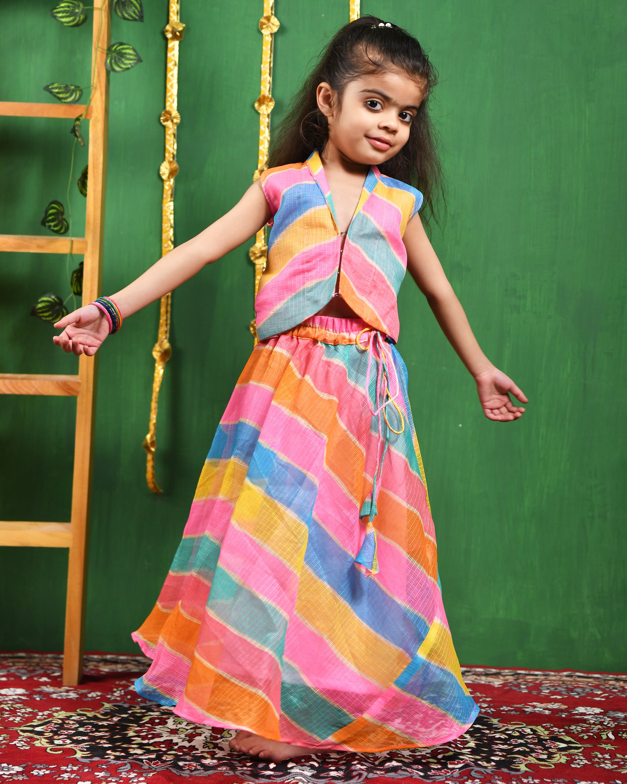 Girl's Multi Leheriya Skirt Top Set - Rangpur