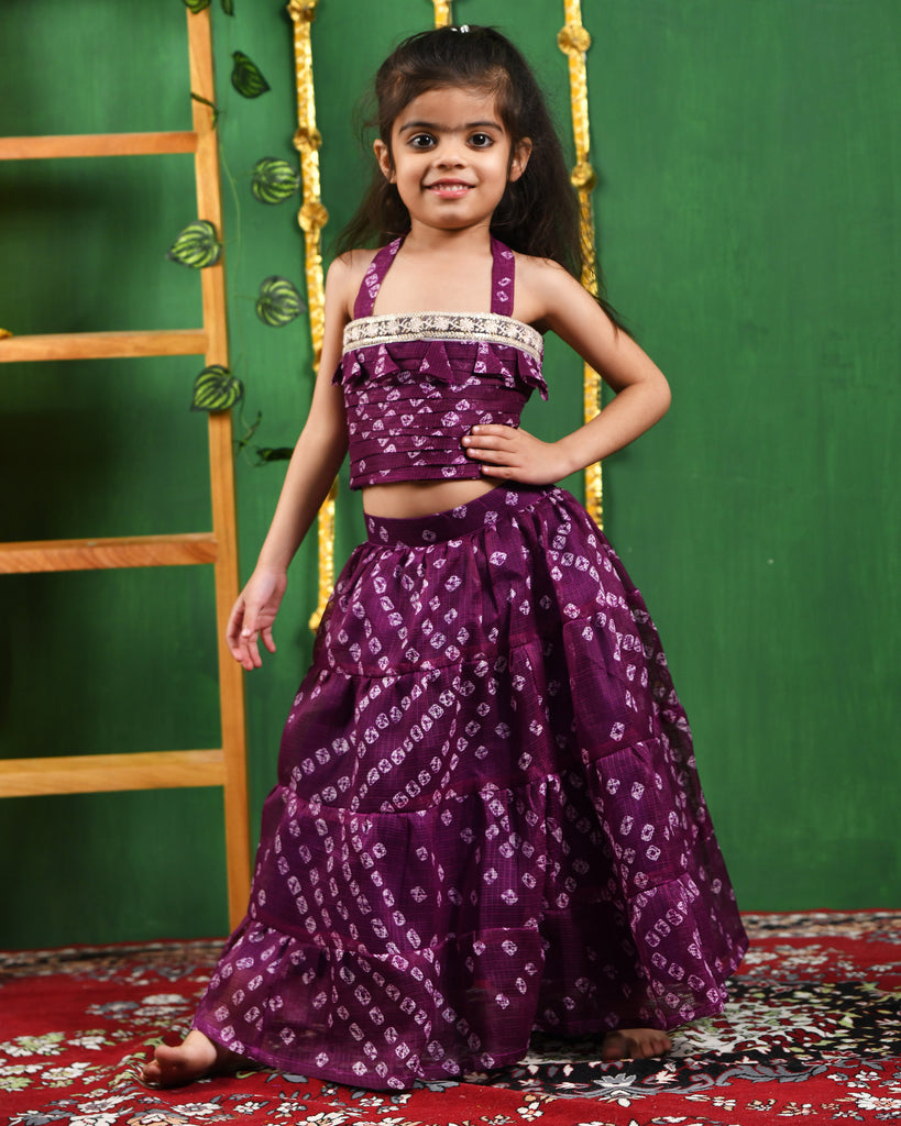 Girl's Wine Bandhani Lehenga Top Set