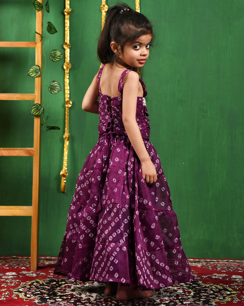 Girl's Wine Bandhani Lehenga Top Set