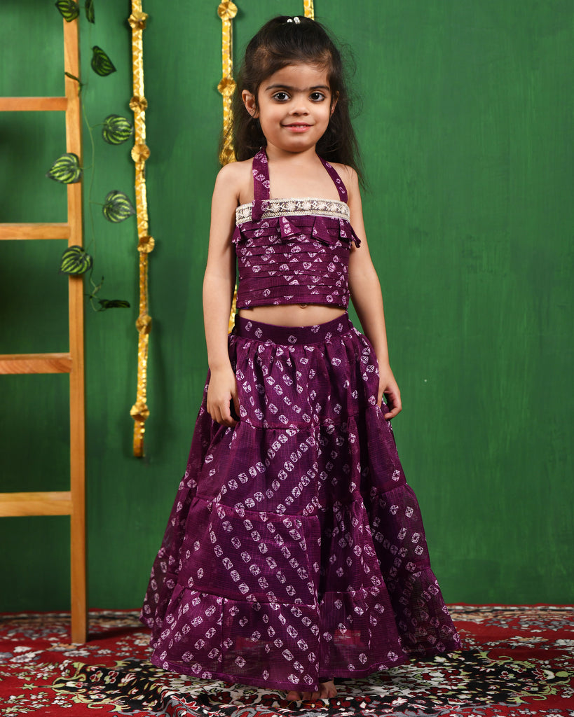 Girl's Wine Bandhani Lehenga Top Set