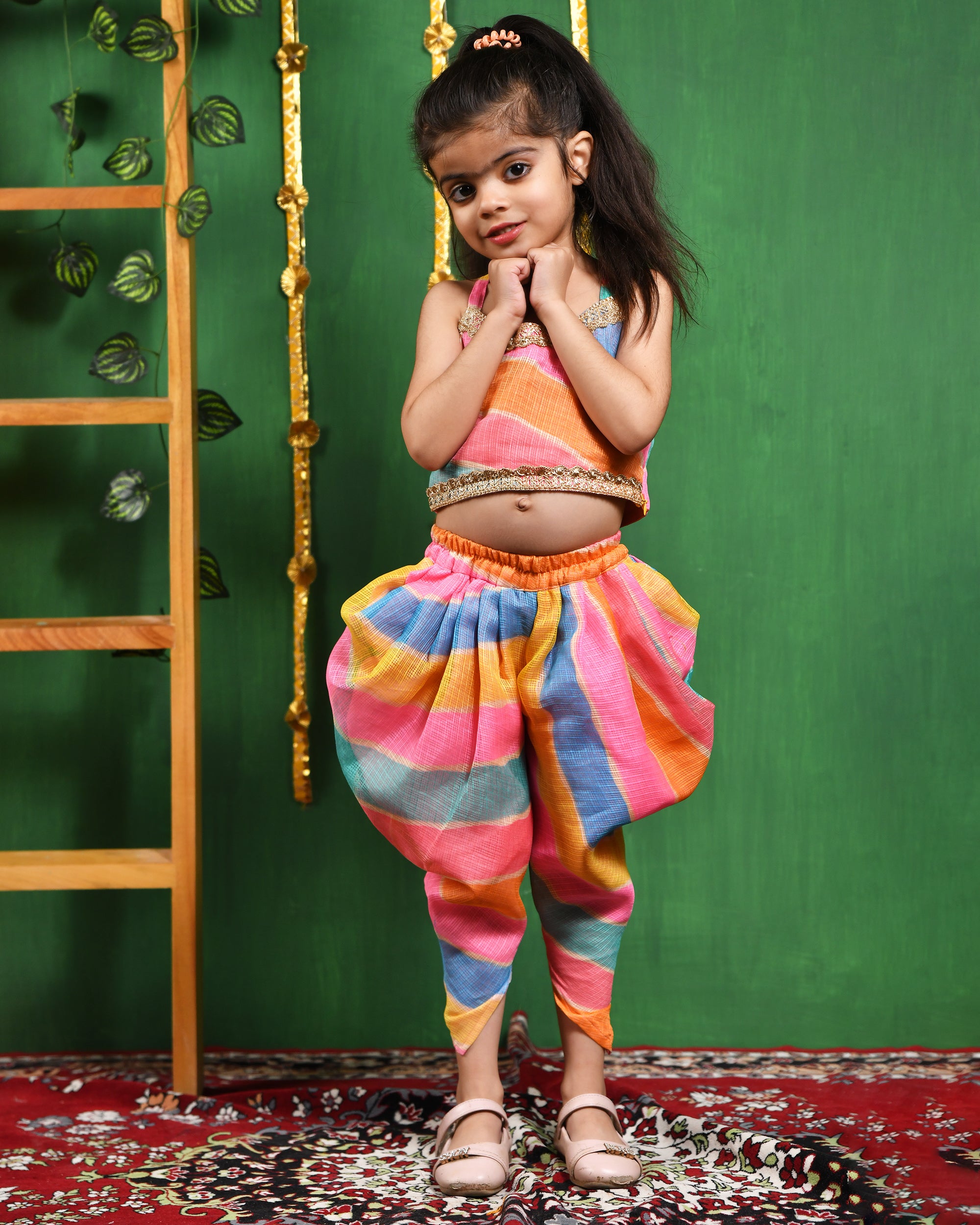 Girl's Multi Leheriya Top and Dhoti Pant Set - Rangpur