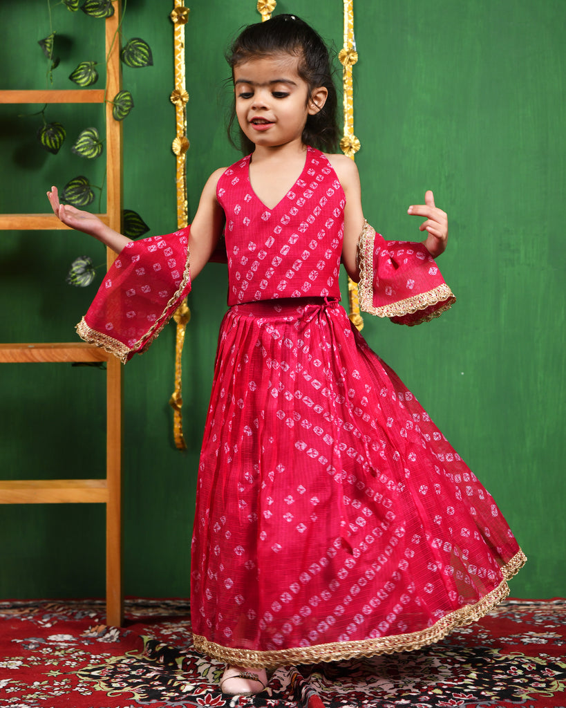 Girl's Pink Bandhani Lehenga Top Set