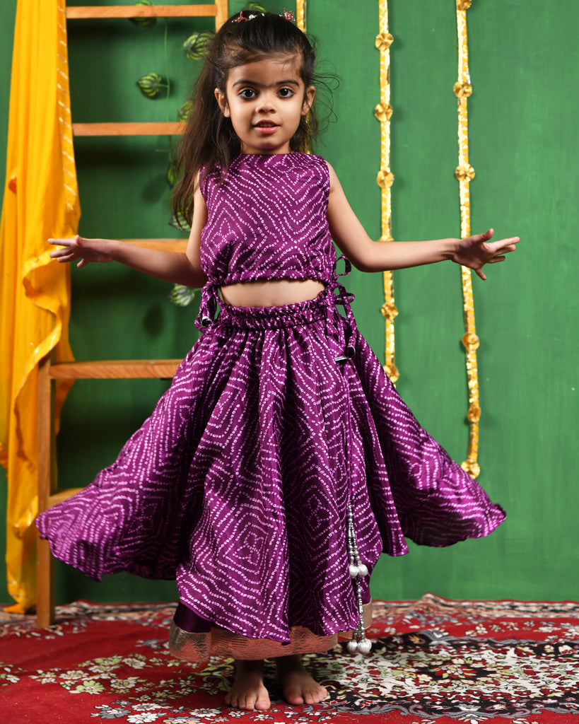 Girl's Wine Bandhani Lehenga Set