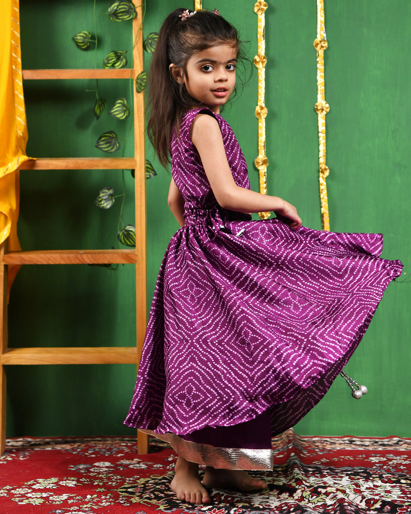 Girl's Wine Bandhani Lehenga Set