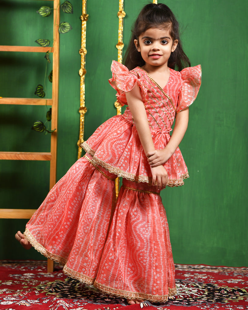 Girl's Peach Leheriya Printed Kurti With Lace Work Sharara Set