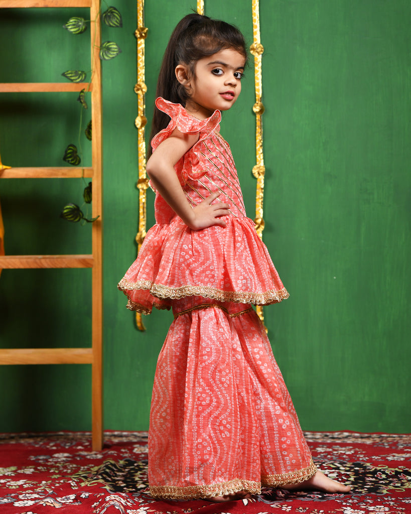 Girl's Peach Leheriya Printed Kurti With Lace Work Sharara Set