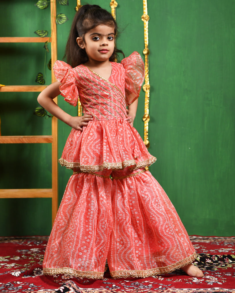 Girl's Peach Leheriya Printed Kurti With Lace Work Sharara Set