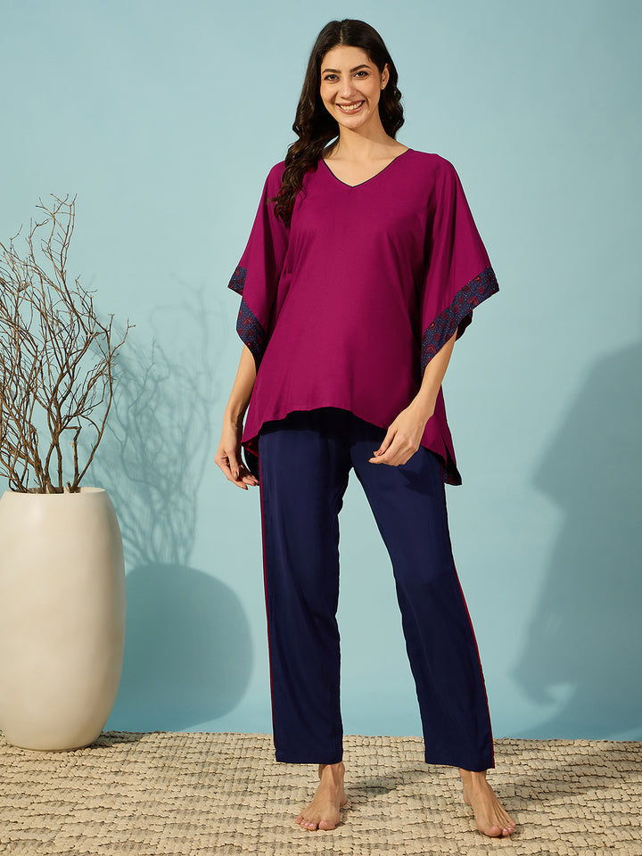 Women's Navy Blue Viscose Rayon Floral Night Suit