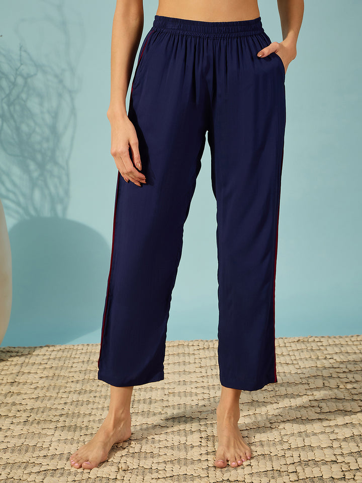 Women's Navy Blue Viscose Rayon Floral Night Suit