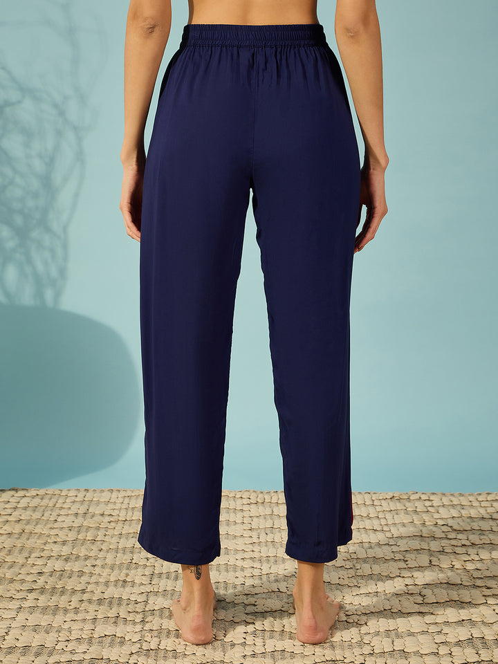 Women's Navy Blue Viscose Rayon Floral Night Suit