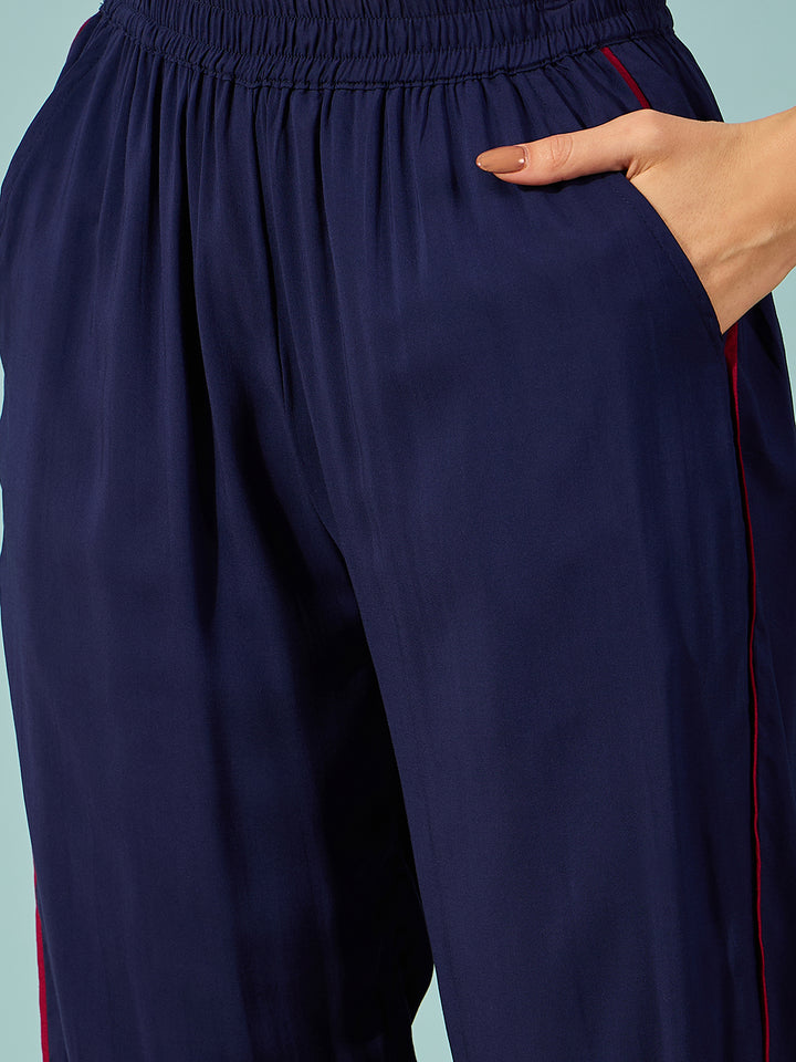 Women's Navy Blue Viscose Rayon Floral Night Suit