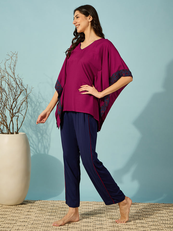 Women's Navy Blue Viscose Rayon Floral Night Suit