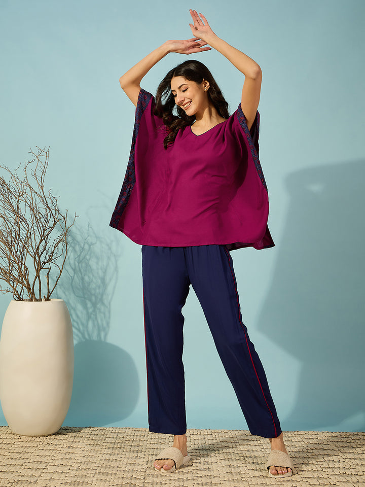 Women's Navy Blue Viscose Rayon Floral Night Suit