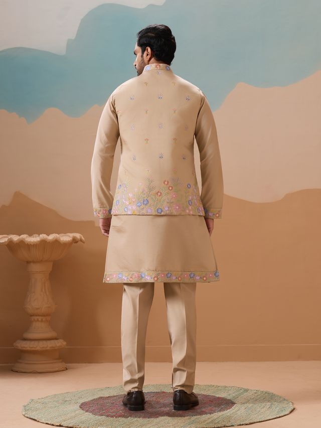 Men's Beige Viscose Silk Multi Thread With Sequence Embroidered Work Kurta Set