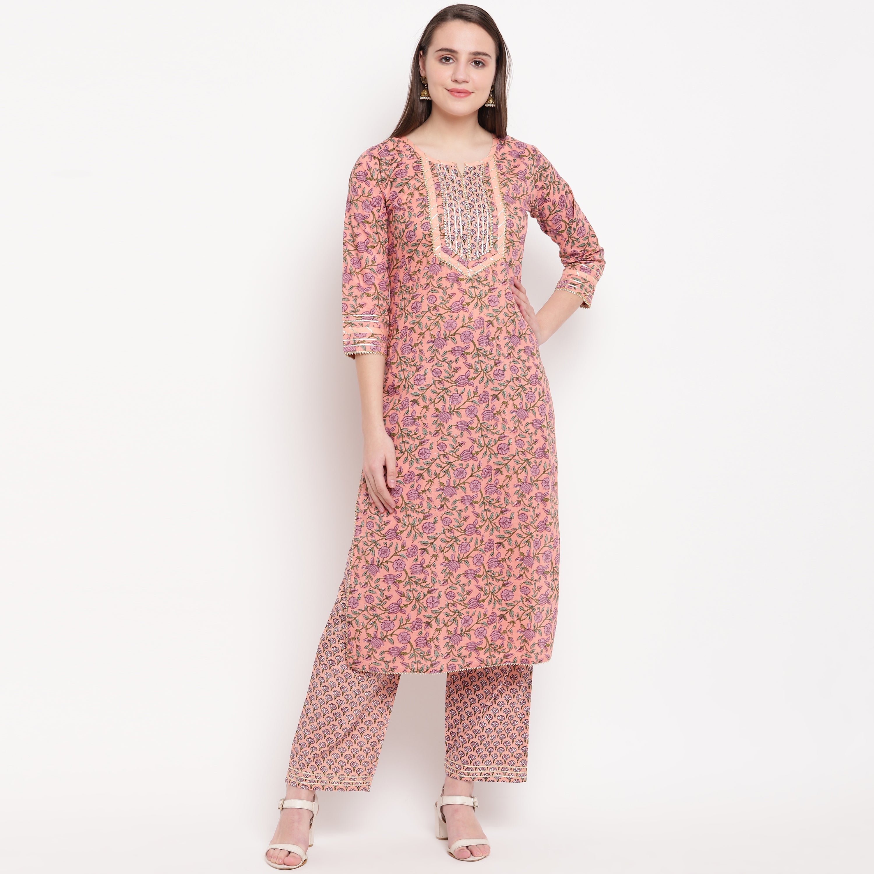 Women's Peach Cotton Kurta With Pant